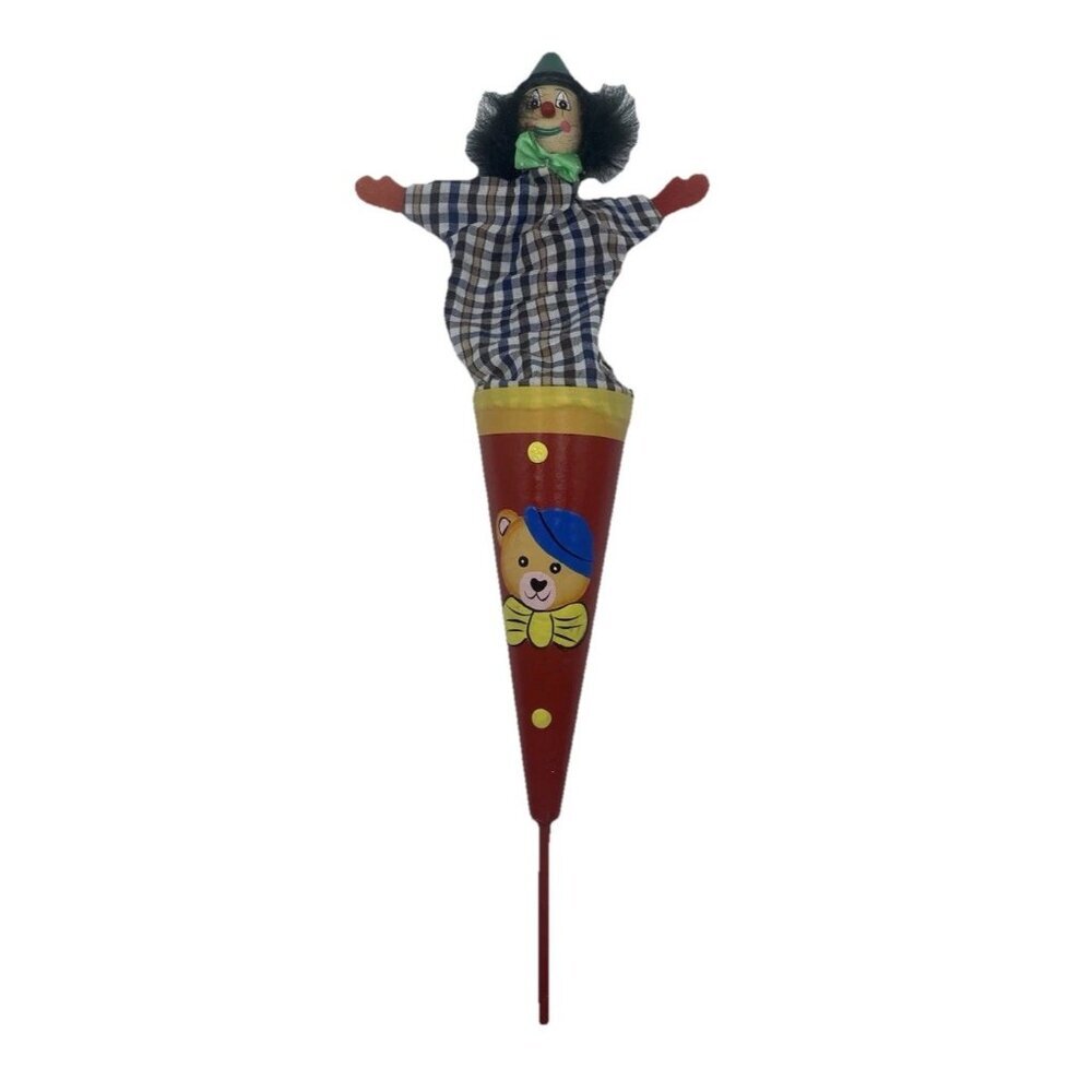 Vintage Clown Pop-Up Peekaboo Toy Teddy Bear Red Yellow Retro Collectible
